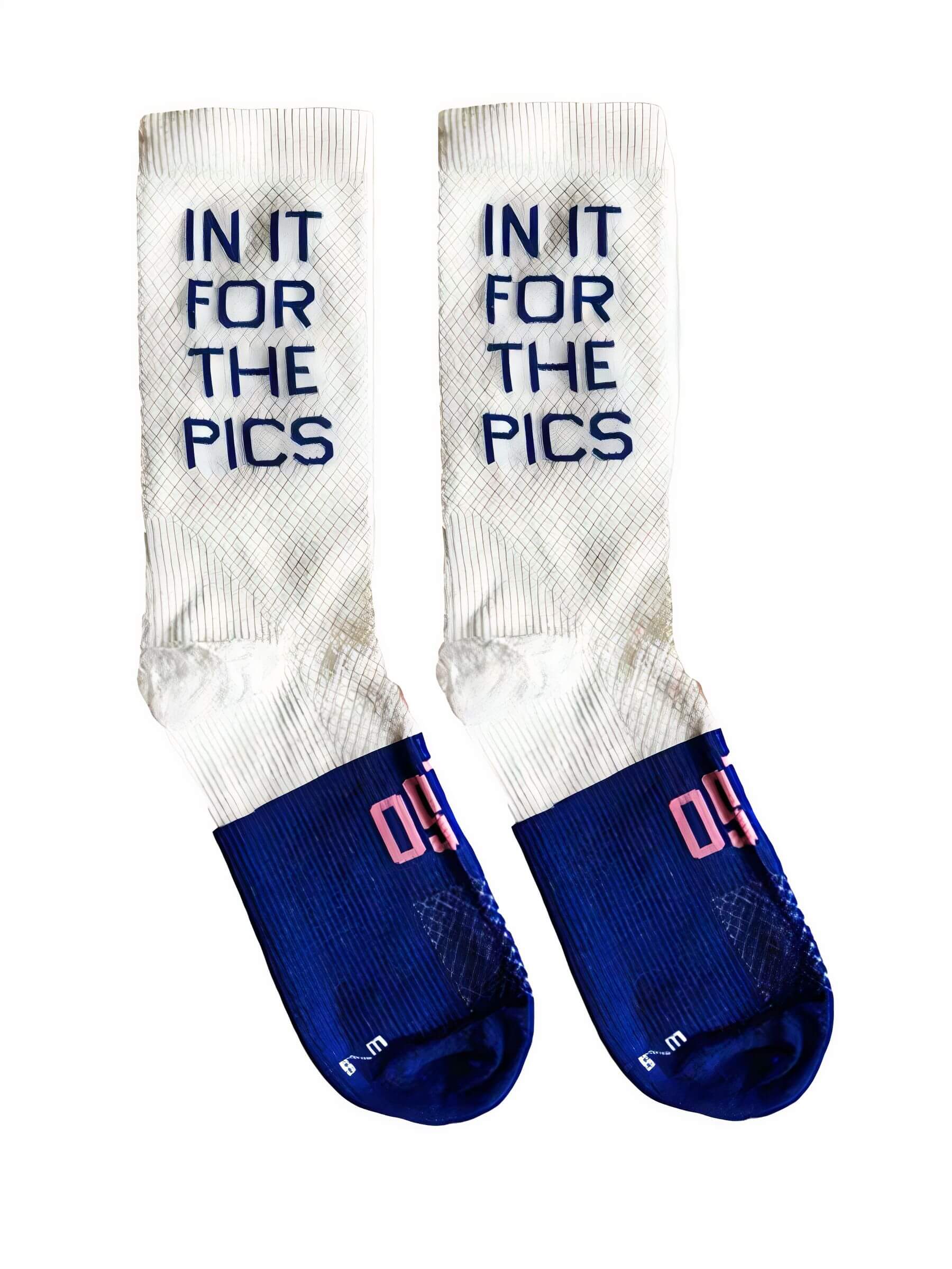 Pair of Ostroy In It For The Pics Socks with white upper and blue foot featuring bold text design and performance fit