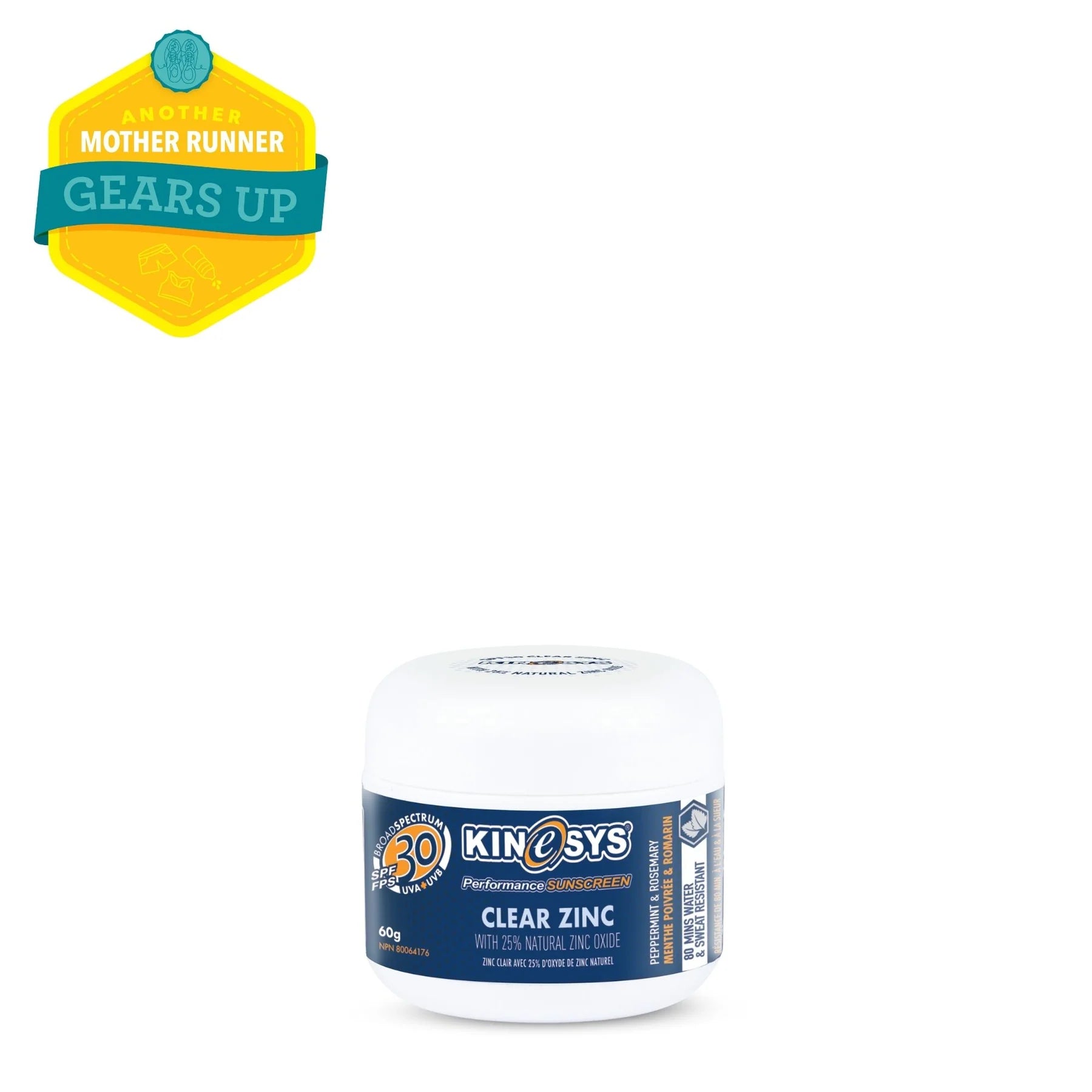 KINeSYS SPF30 Clear Zinc with 25% Zinc Oxide 60g mineral sunscreen jar on white background with clear label details