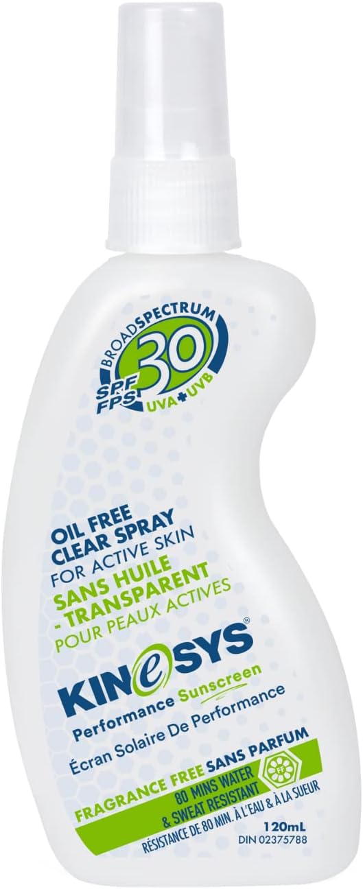 KINeSYS SPF30 Fragrance-Free Spray Sunscreen 120ml bottle with clear spray cap and broad spectrum SPF 30 label