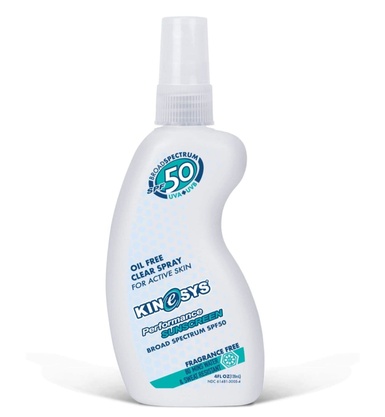 KINeSYS SPF50 Fragrance-Free Spray Sunscreen 120ml bottle shown with clear spray cap on white background
