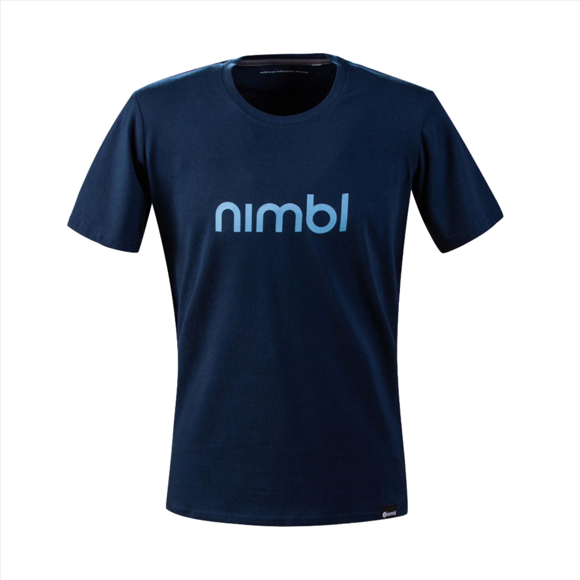 Nimbl Cotton T-shirt - Men's in navy blue with crew neck and short sleeves featuring front logo print against white background
