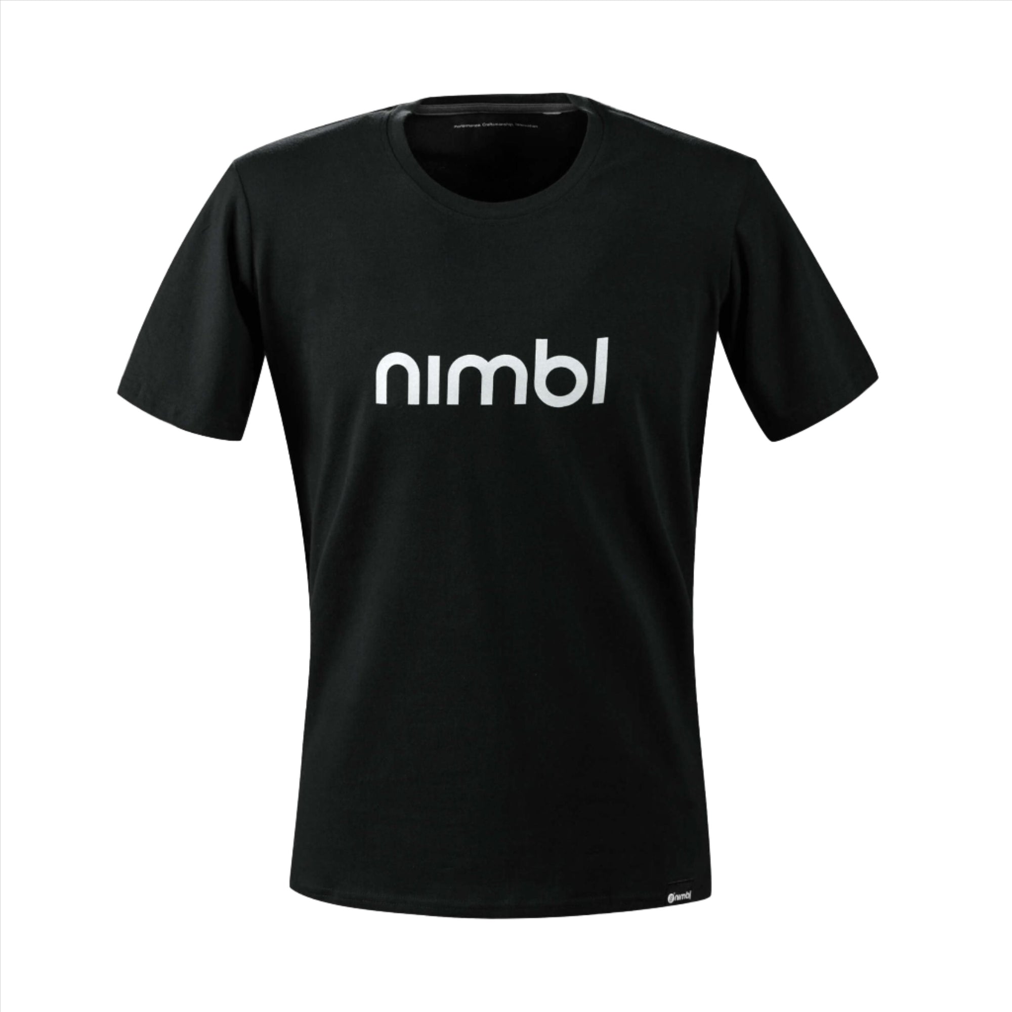 Nimbl Cotton T-shirt - Men's in black with crew neck and bold white nimbl logo on front against white background