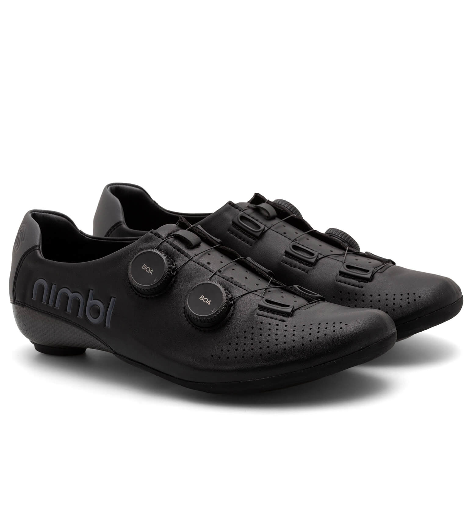 Pair of black Nimbl EXCEED cycling shoes with dual BOA dials and perforated upper for ventilation and performance