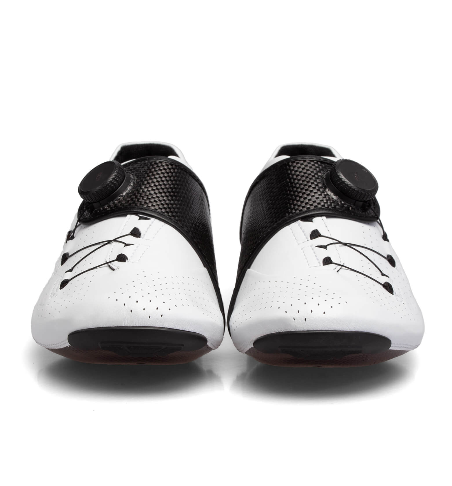 Front view of Nimbl FEAT Ultimate cycling shoes in white and black with dial closure system and perforated upper