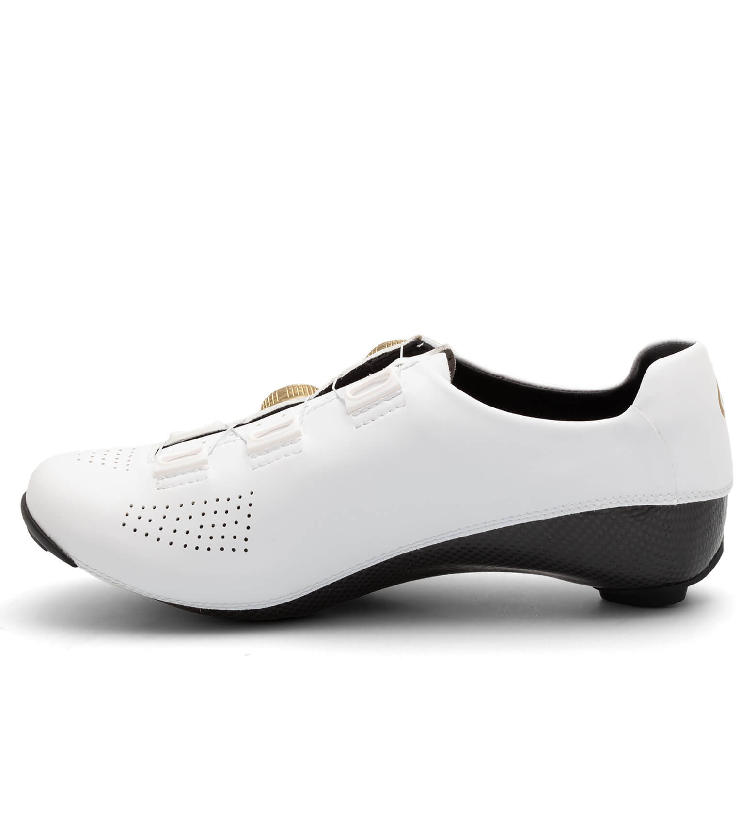 Side view of white Nimbl ULTIMATE cycling shoe with perforations and black sole for aerodynamic performance