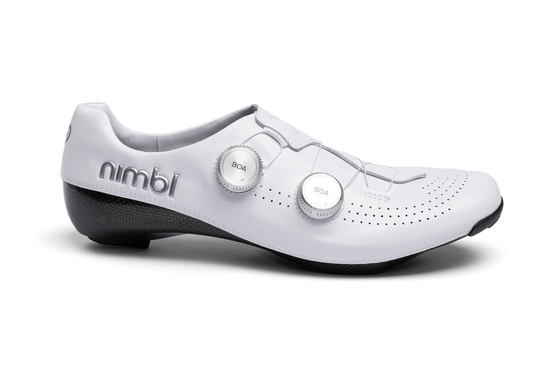 Side view of Nimbl Exceed Ultimate Glide cycling shoe in white with dual BOA dials and ventilated upper panel