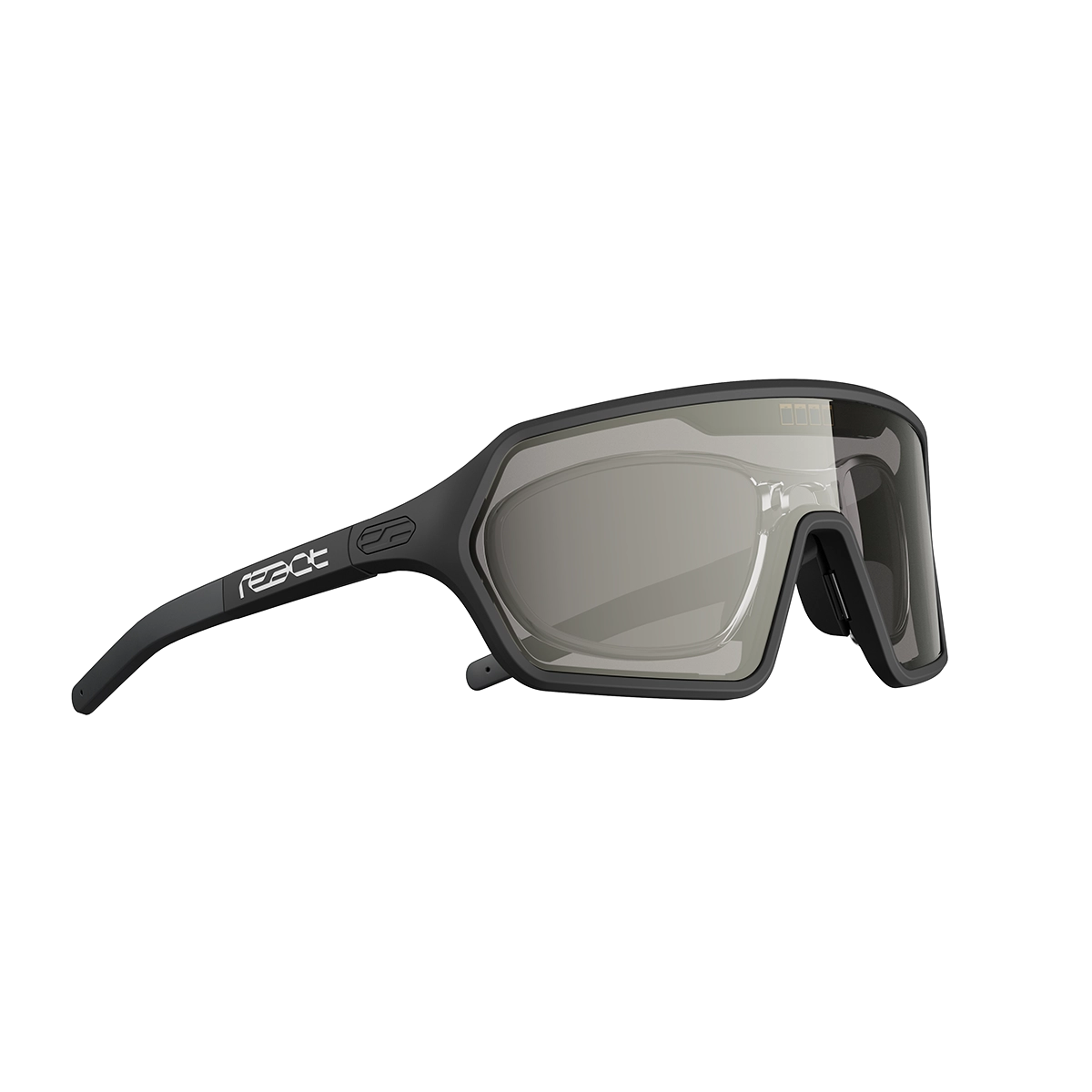 Side view of REACT Correction Clip for Rev showing sleek black frame and tinted lens design for enhanced eye protection