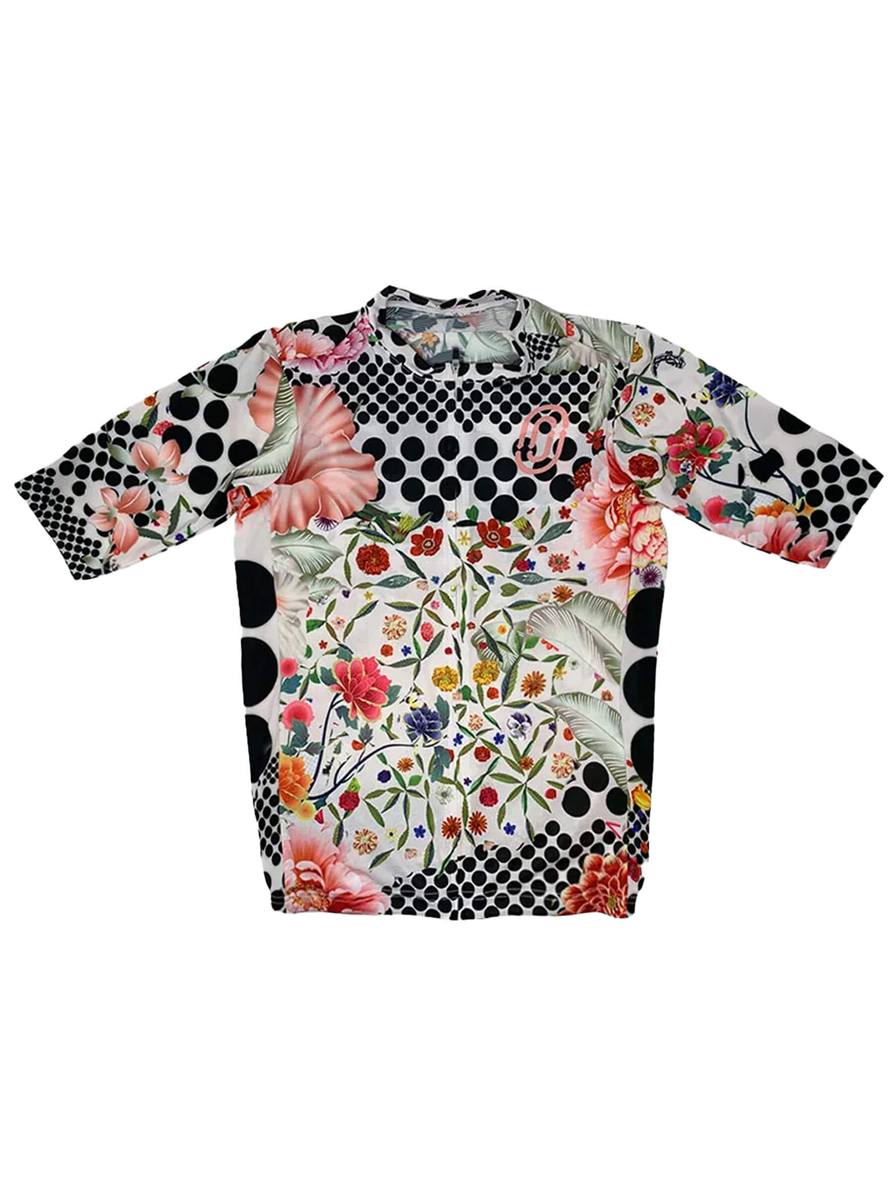 Ostroy Omloop Jersey - Men's with floral and polka dot design showcasing bold colors and detailed print on short sleeves