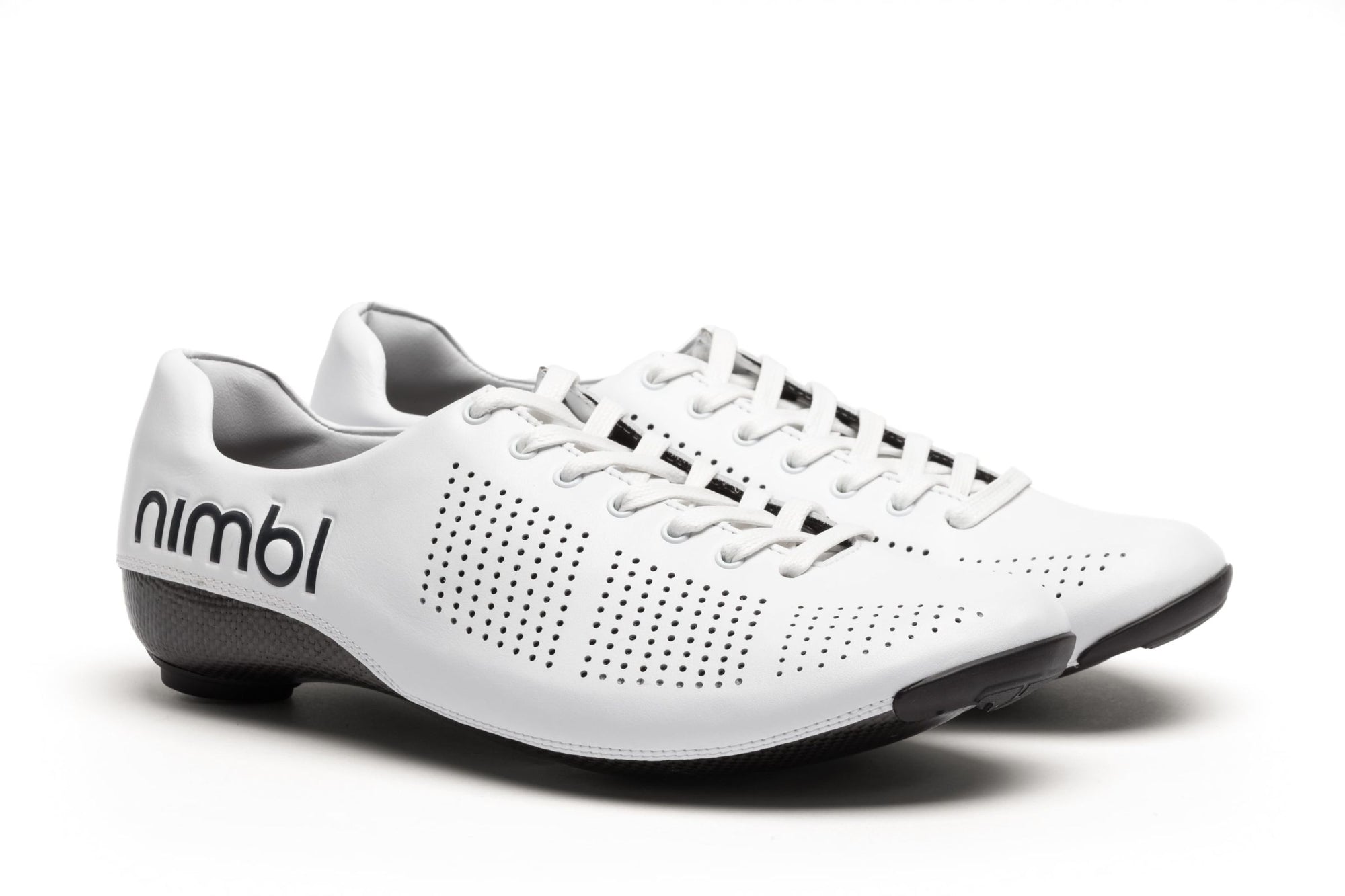 Pair of white Nimbl AIR climbing shoes with perforated breathable design and black sole detail on white background