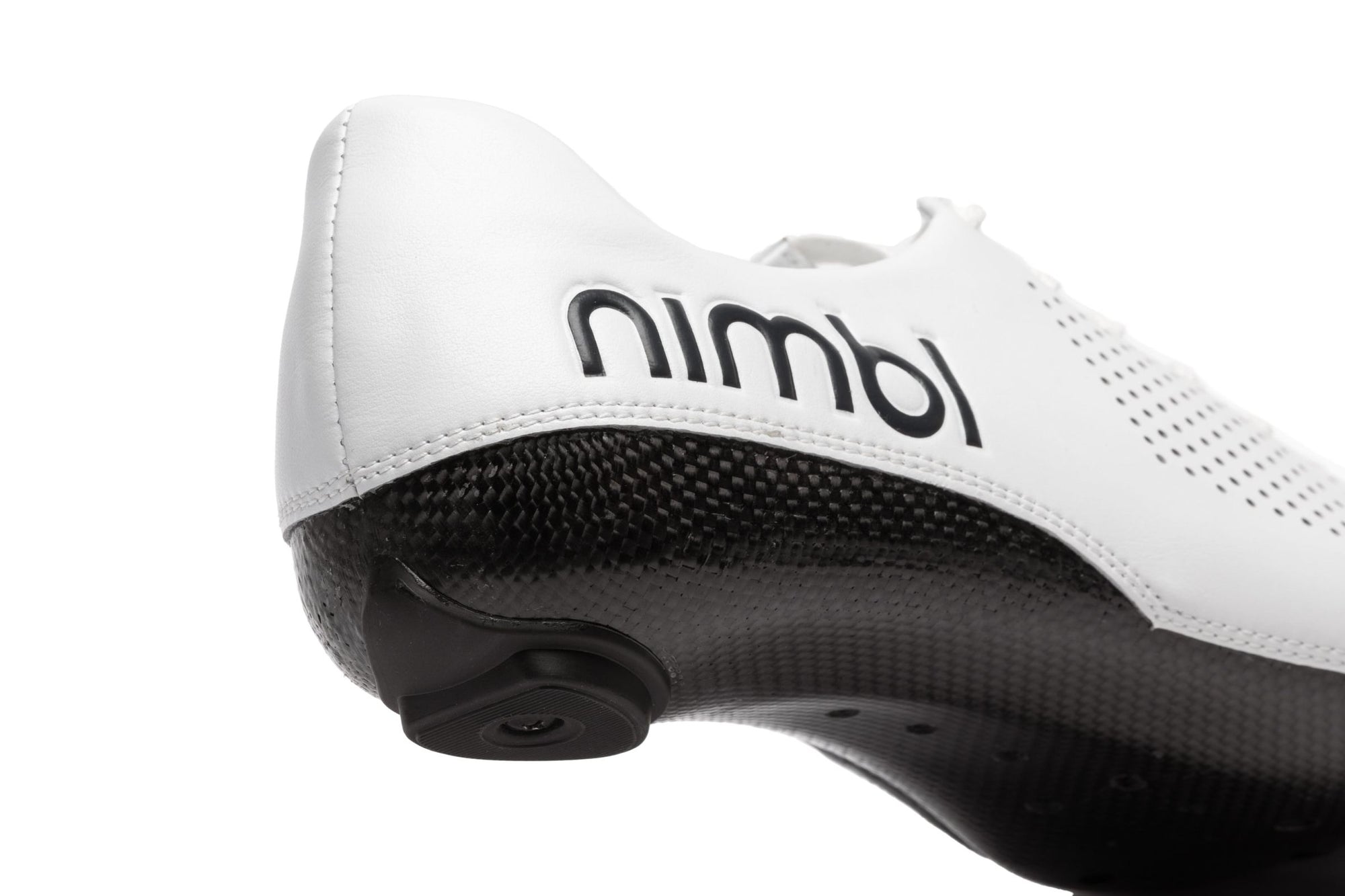 Close-up of Nimbl AIR cycling shoe heel with white upper and textured black carbon sole for lightweight performance