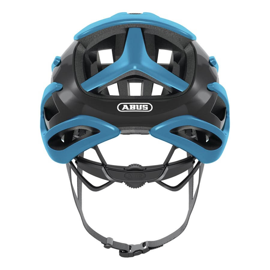 Front view of ABUS AirBreaker Helmet in black and blue with adjustable straps and ventilation openings
