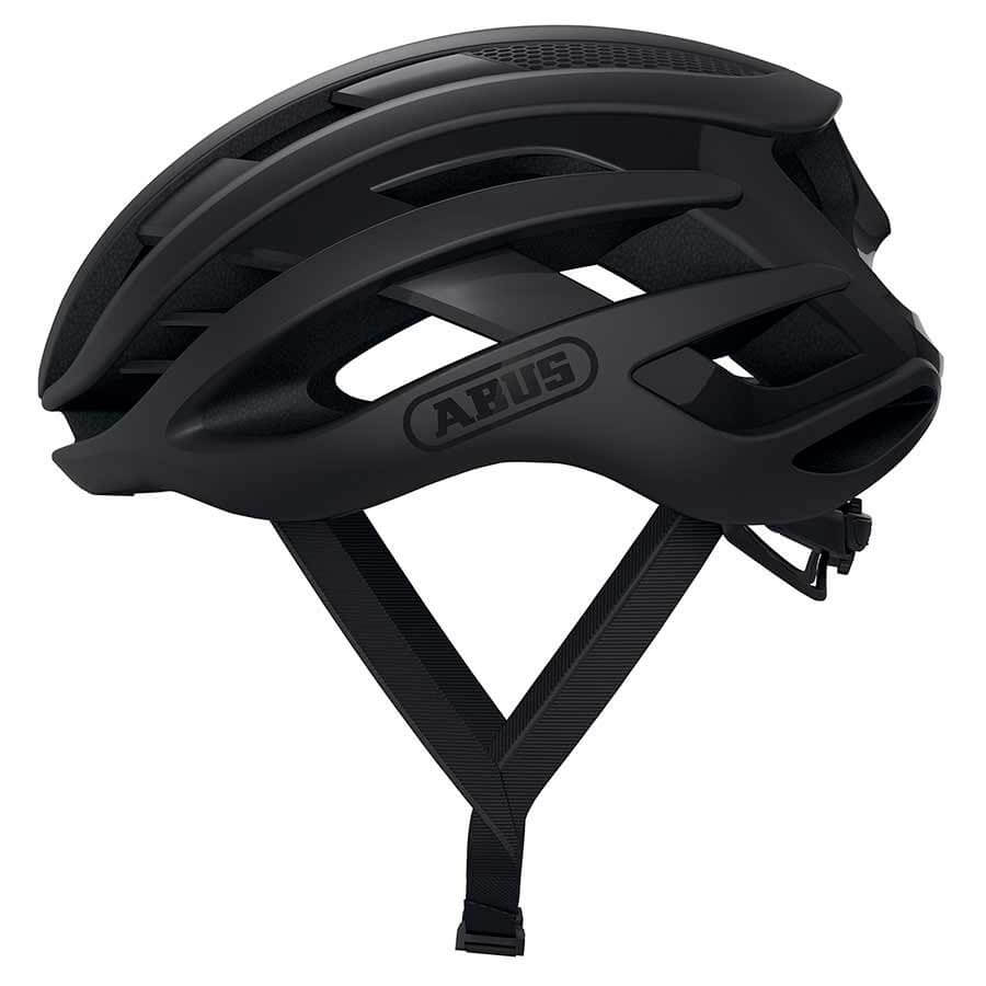 Side view of ABUS AirBreaker Helmet in black with aerodynamic design and adjustable straps for cycling safety and comfort