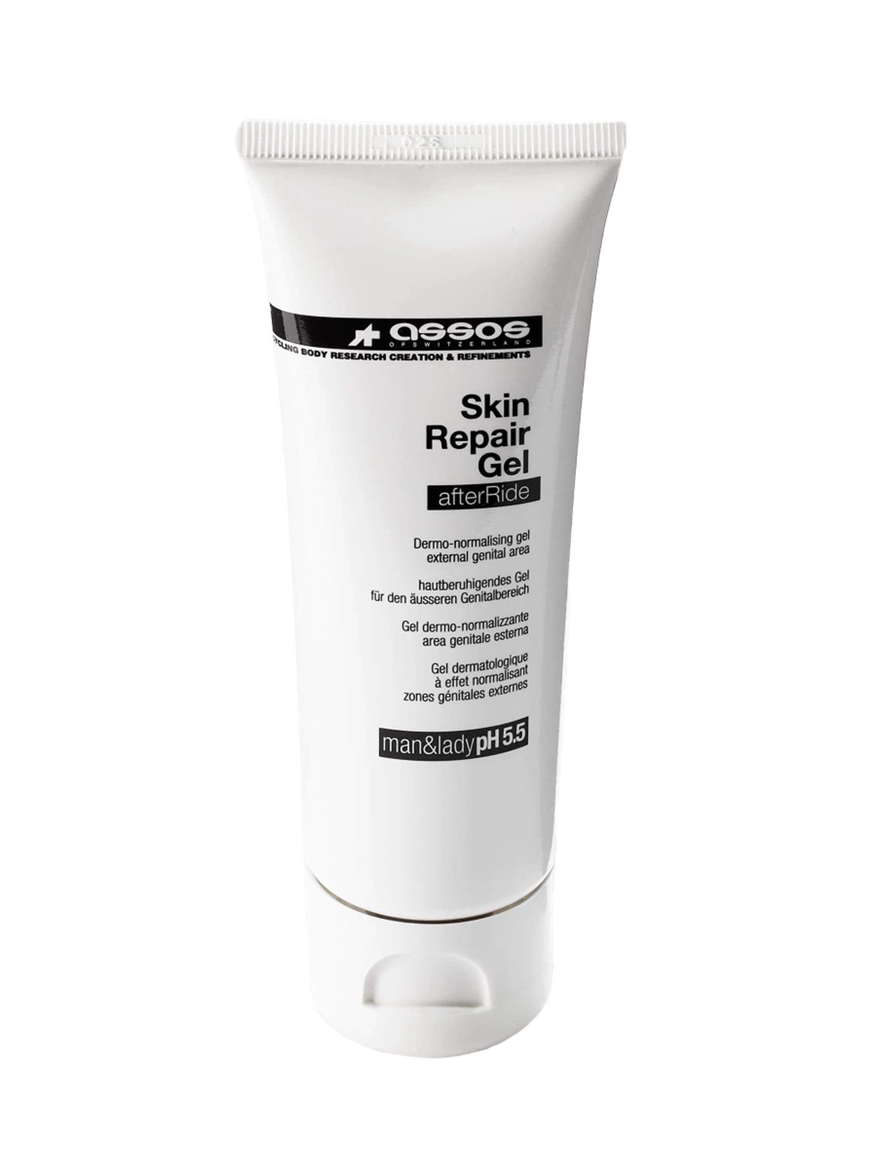 Tube of Assos Skin Repair Gel - Unisex in white with black text for post-ride skin relief and repair
