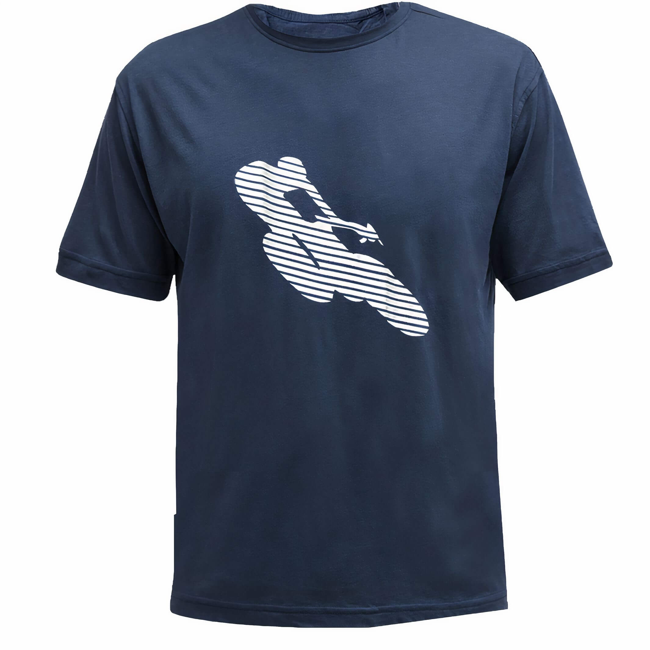 Ostroy Bike Man T-Shirt - Unisex in navy with white striped cyclist graphic on front for casual cycling style