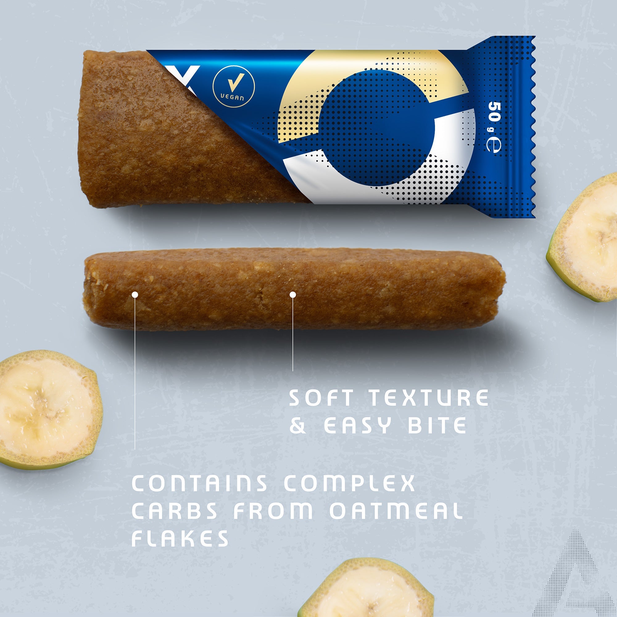 Energy Oat Bar Banana | 12 pack showing soft texture and complex carbs with banana slices in square 2000x2000 image