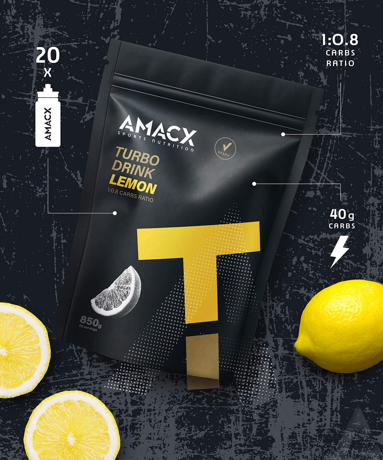 Turbo Drink Lemon pack front view with lemon slices and nutrition details in portrait orientation gallery image two
