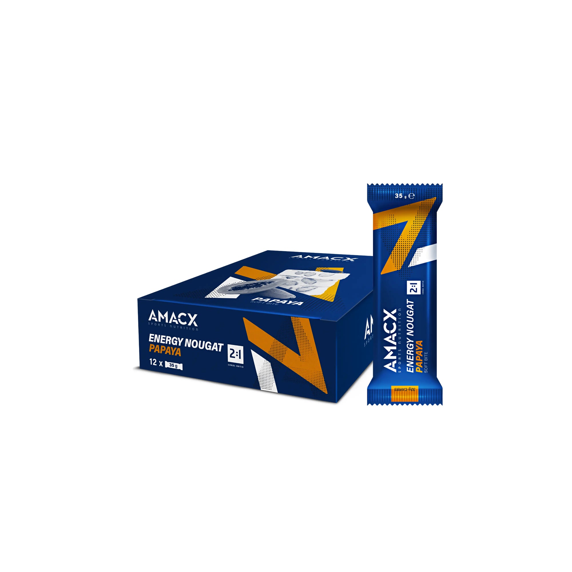 Energy Nougat Papaya | 12 pack box and single bar shown in gallery position 6 with square 4000x4000 dimensions
