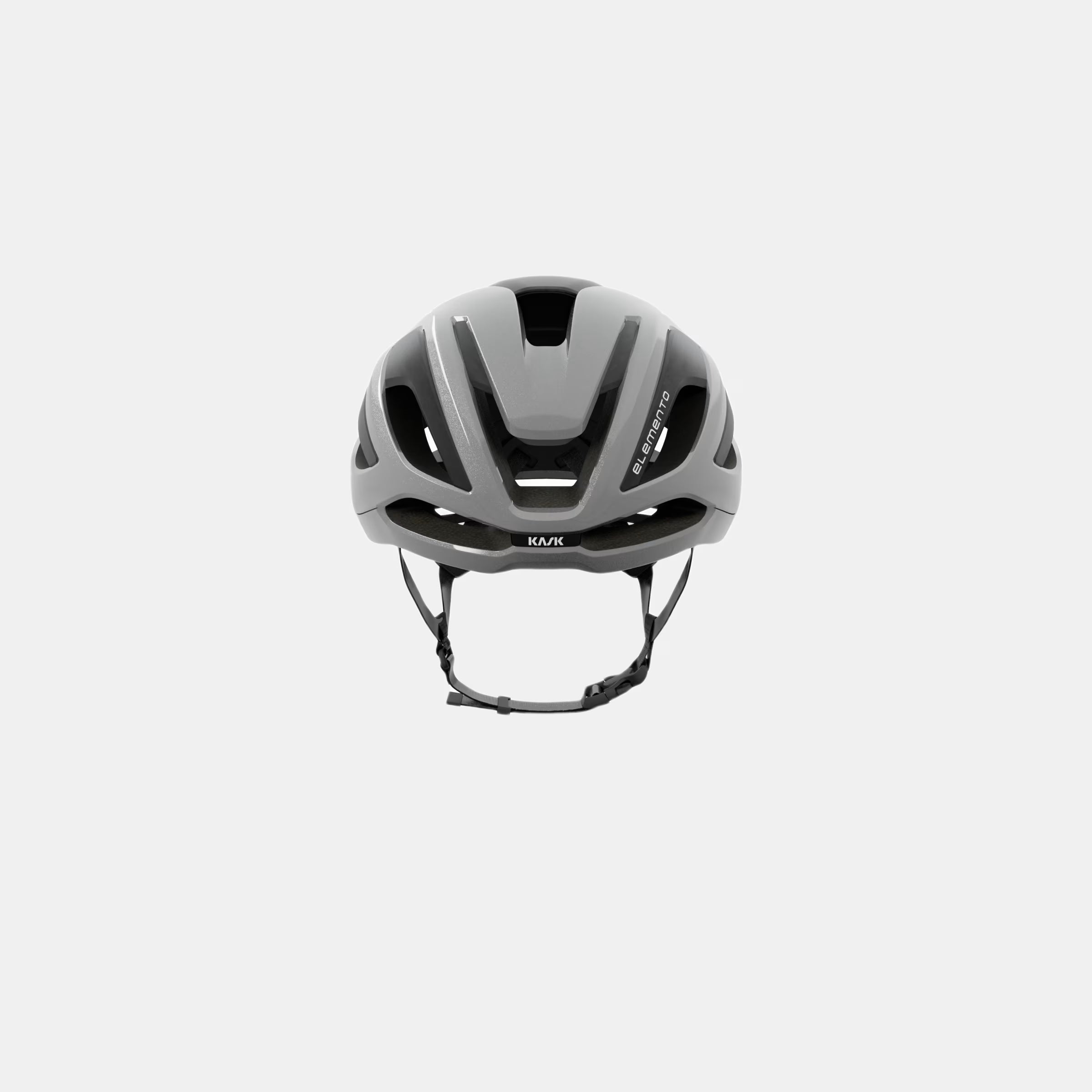 Front view of Kask Elemento Helmet  - Silver showing aerodynamic design and ventilation vents with adjustable straps