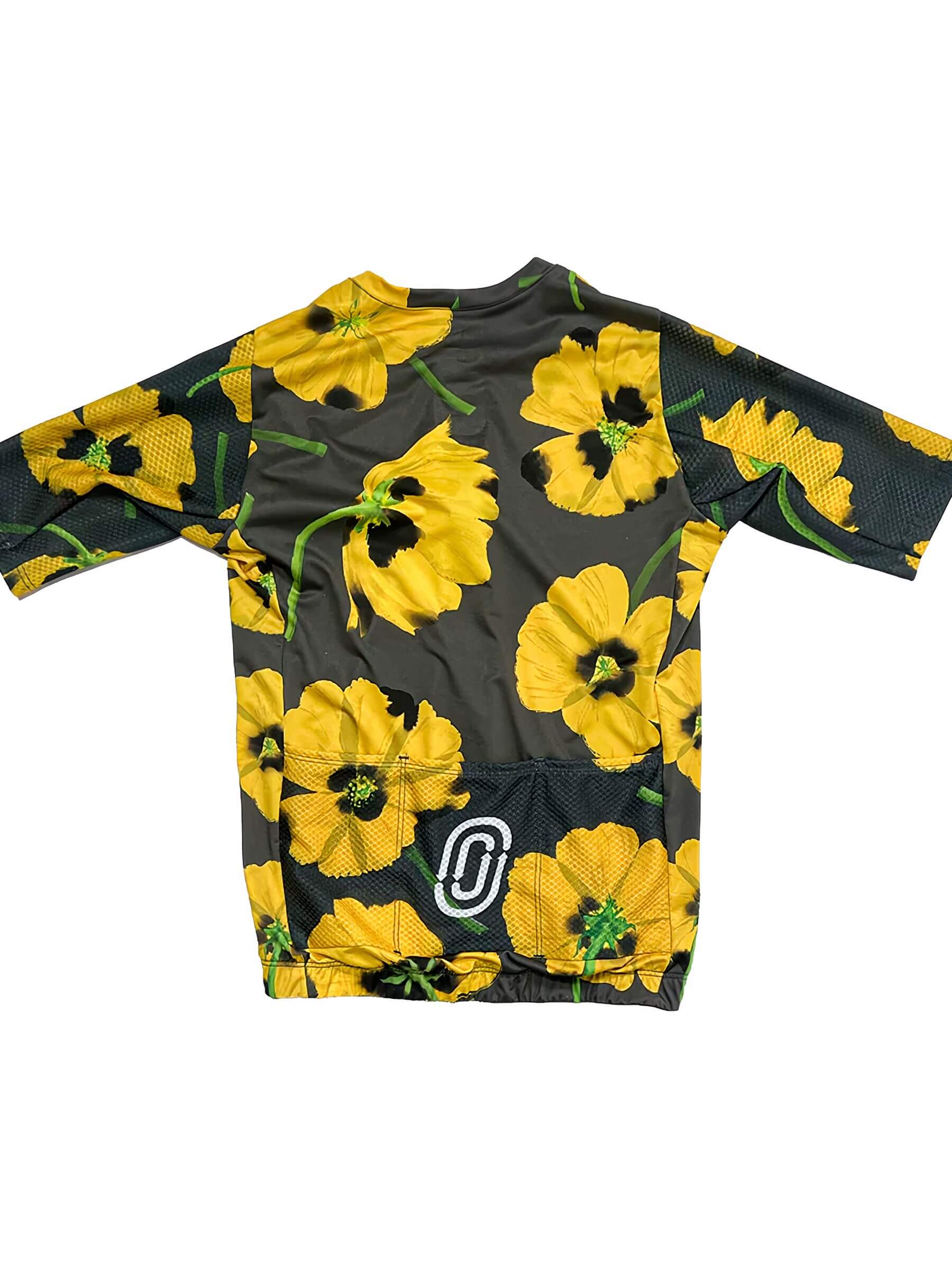 Back view of Ostroy Yellow Poppies Jersey - Men's showing hand-painted yellow poppy design and 3D mesh sleeves
