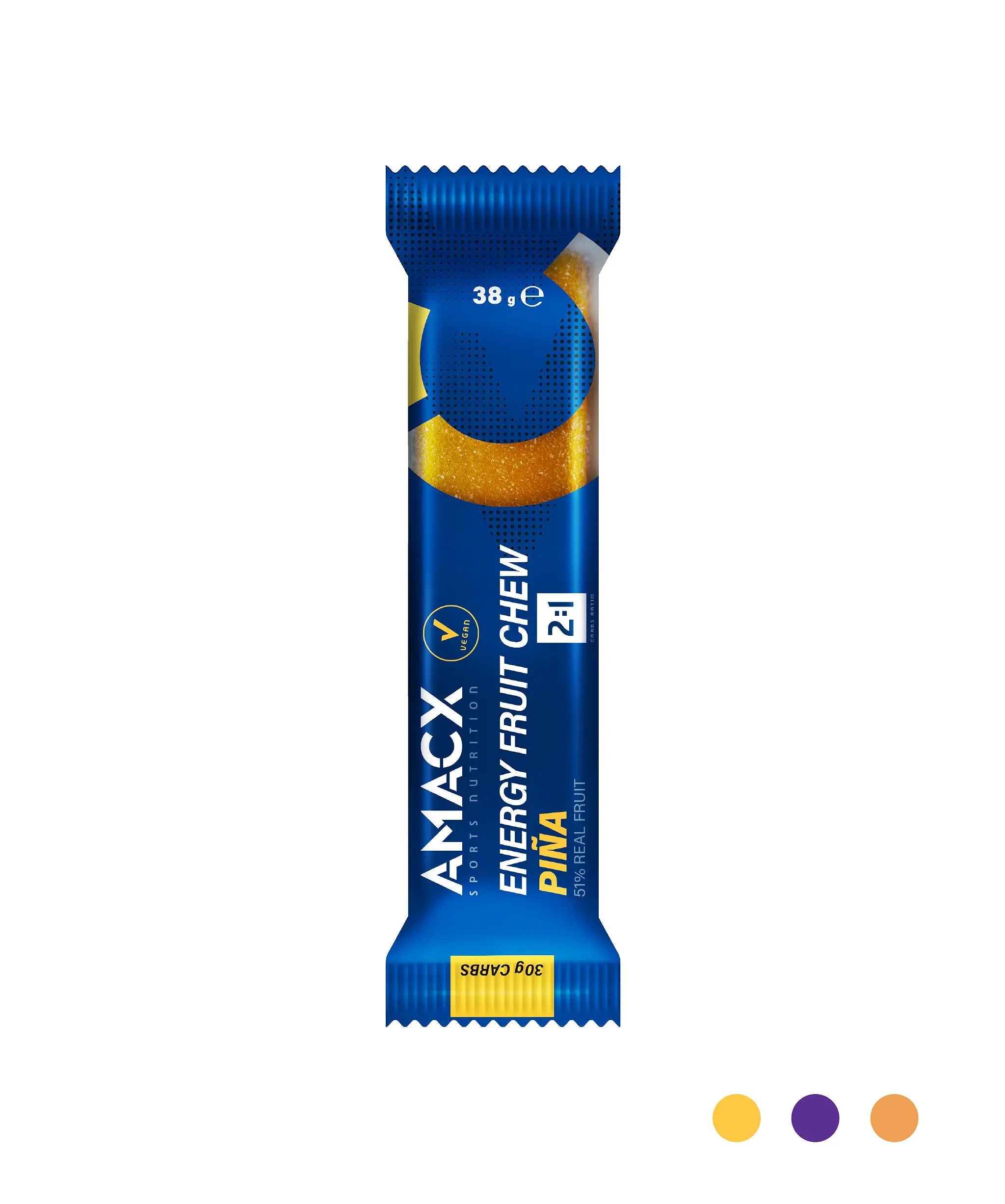 Energy Fruit Chew Piña | 12 pack single bar packaging in portrait, gallery position 1, 2048x2454 pixels