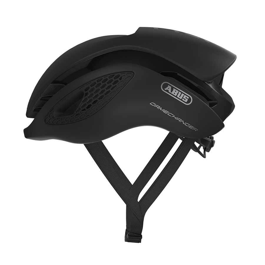 Side view of black ABUS GameChanger Helmet showing aerodynamic design and adjustable strap for professional cycling performance