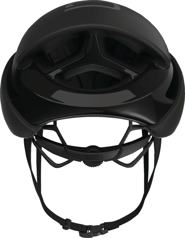 Top view of ABUS GameChanger Helmet in black showing aerodynamic design and adjustable chin strap.