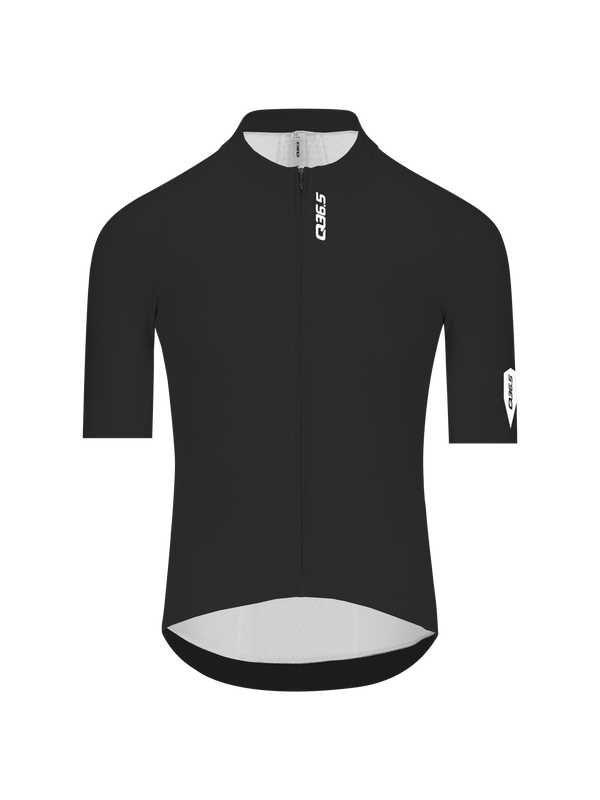 Front view of Q36.5 Gregrarius Pro Jersey - Men's - Jet Black cycling shirt with short sleeves and full zipper