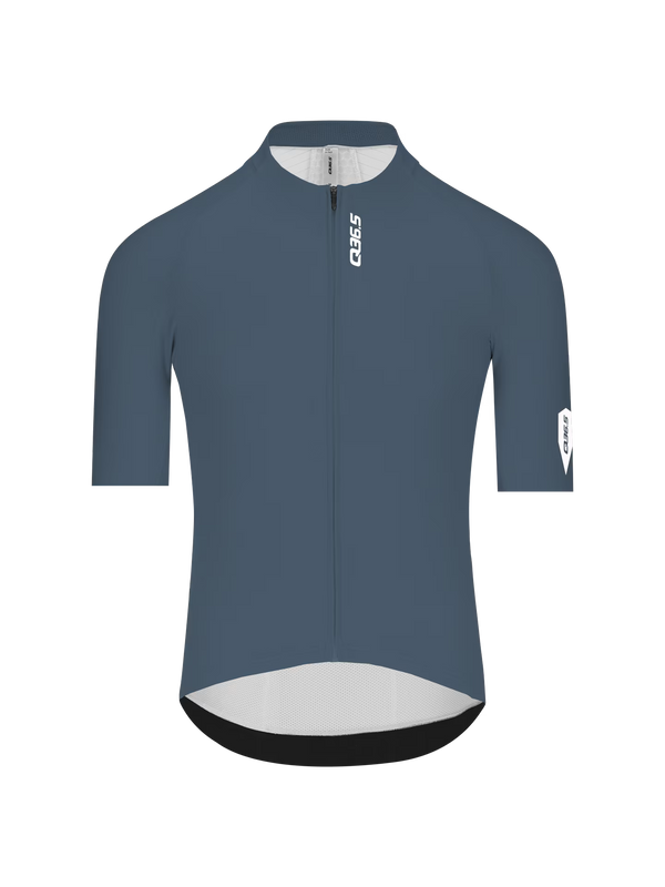 Q36.5 x ROADKIT Men's Gregarius Pro Jersey - China Blue front view showing slim fit cycling jersey with full zipper