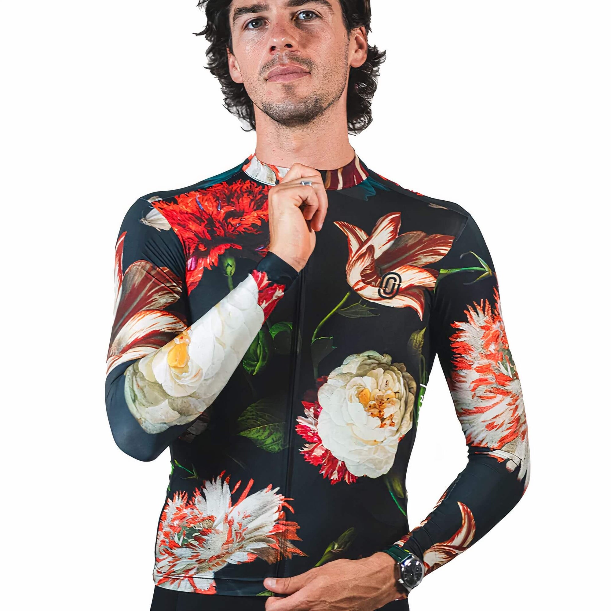Man wearing Ostroy Nature Morte Lightweight Long-Sleeve Jersey - Men's with floral print and fitted cycling design against white background
