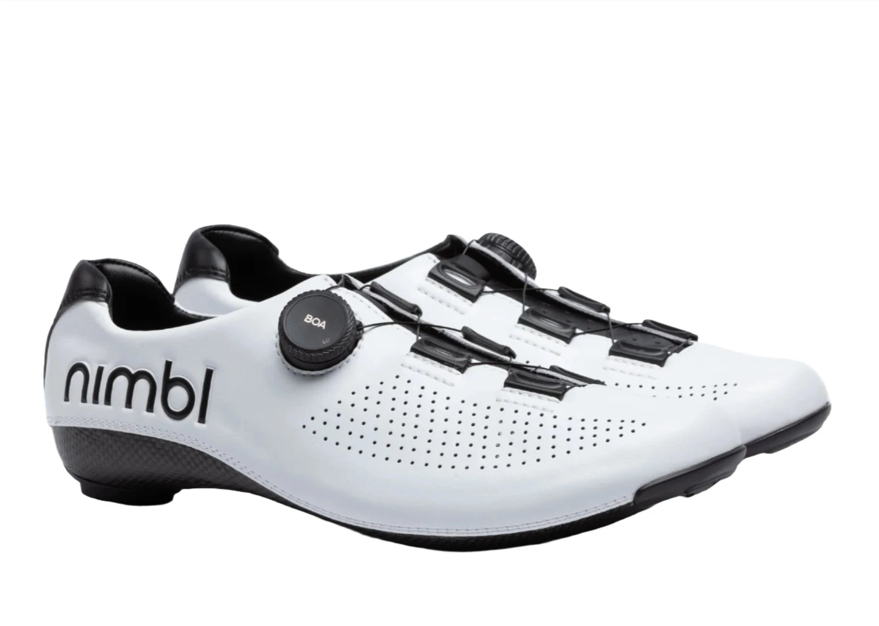 Side view of white Nimbl FEAT cycling shoe featuring BOA dial closure and perforated ventilation panels