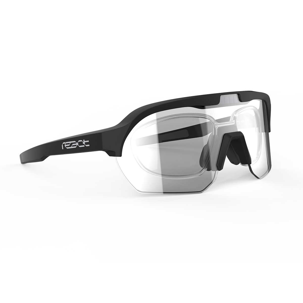 REACT Correction Clip for Optray shown in black with clear lenses and adjustable nose bridge on white background