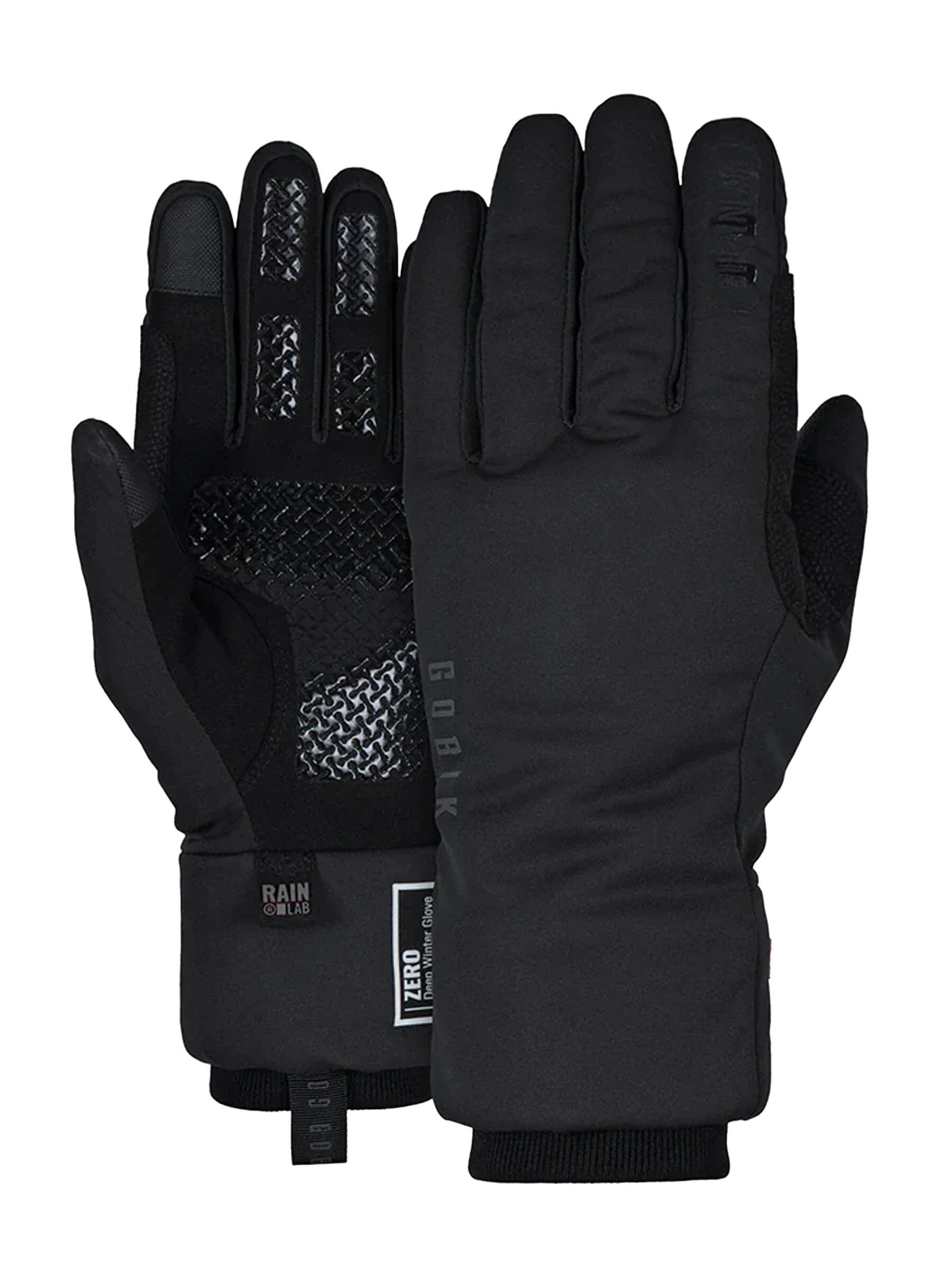 Pair of black GOBIK Zero Primaloft Winter Gloves - Unisex showing palm grip and insulated thermal outer design