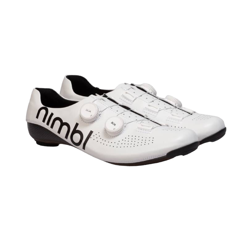 Pair of white Nimbl ULTIMATE cycling shoes with dual dial closure and perforated details on black soles