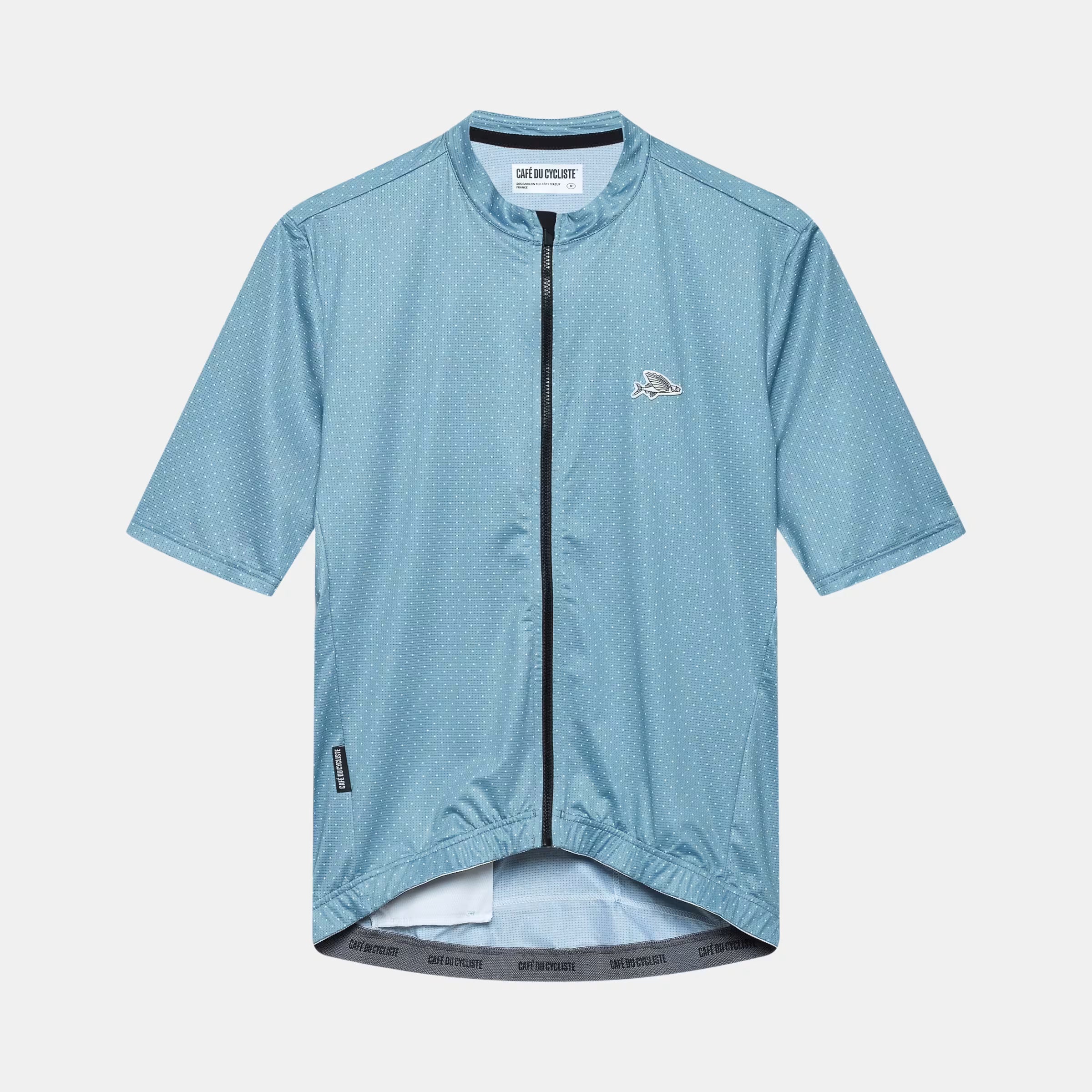 Cafe du Cycliste Fleurette Short Sleeve Jersey - Men's - Deep Water in light blue with subtle dot pattern and full front zipper