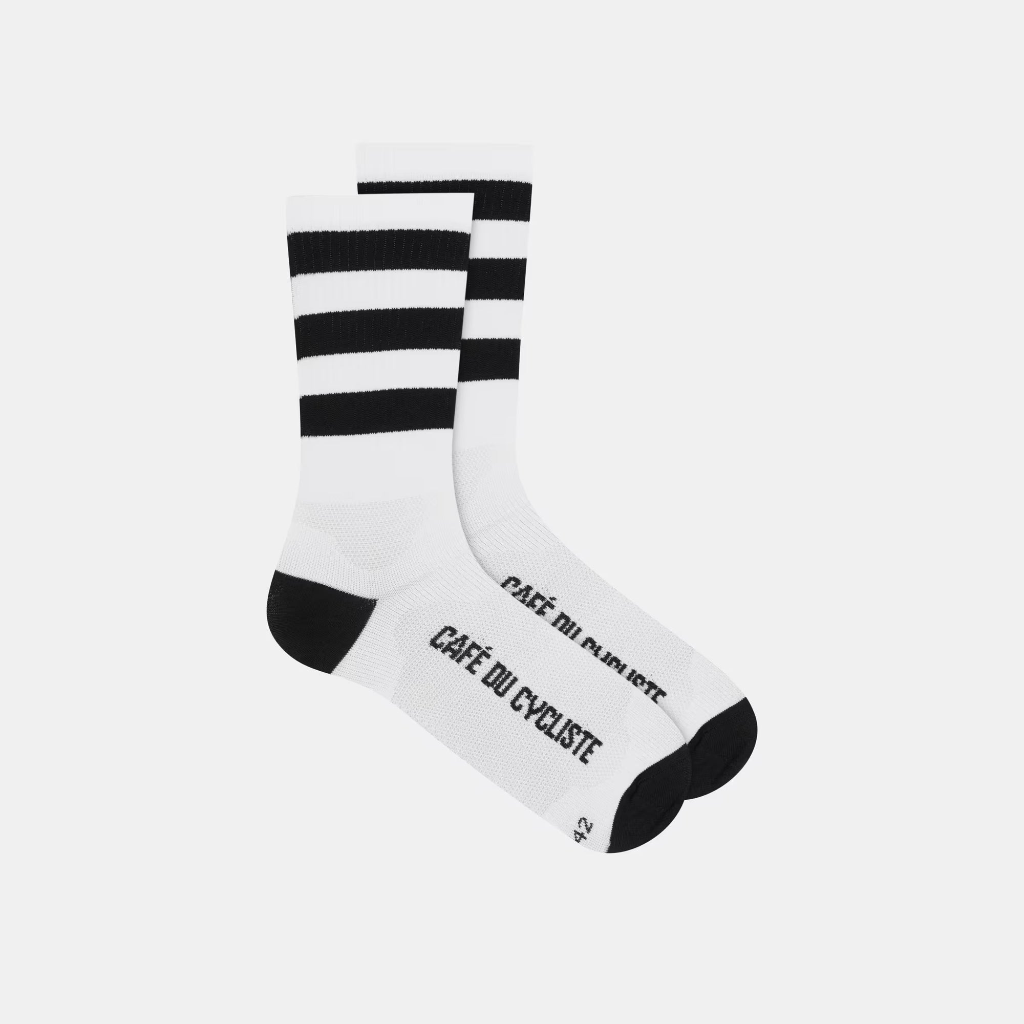 Cafe du Cycliste Skate Socks - Black on White with black stripes and logo on white knit fabric.