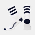 Cafe du Cycliste Skate Socks - Navy on White with navy stripes and logo detail on the foot and heel areas