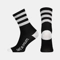 Cafe du Cycliste Skate Socks - White on Black with white stripes and logo on black fabric, cushioned sole and heel.