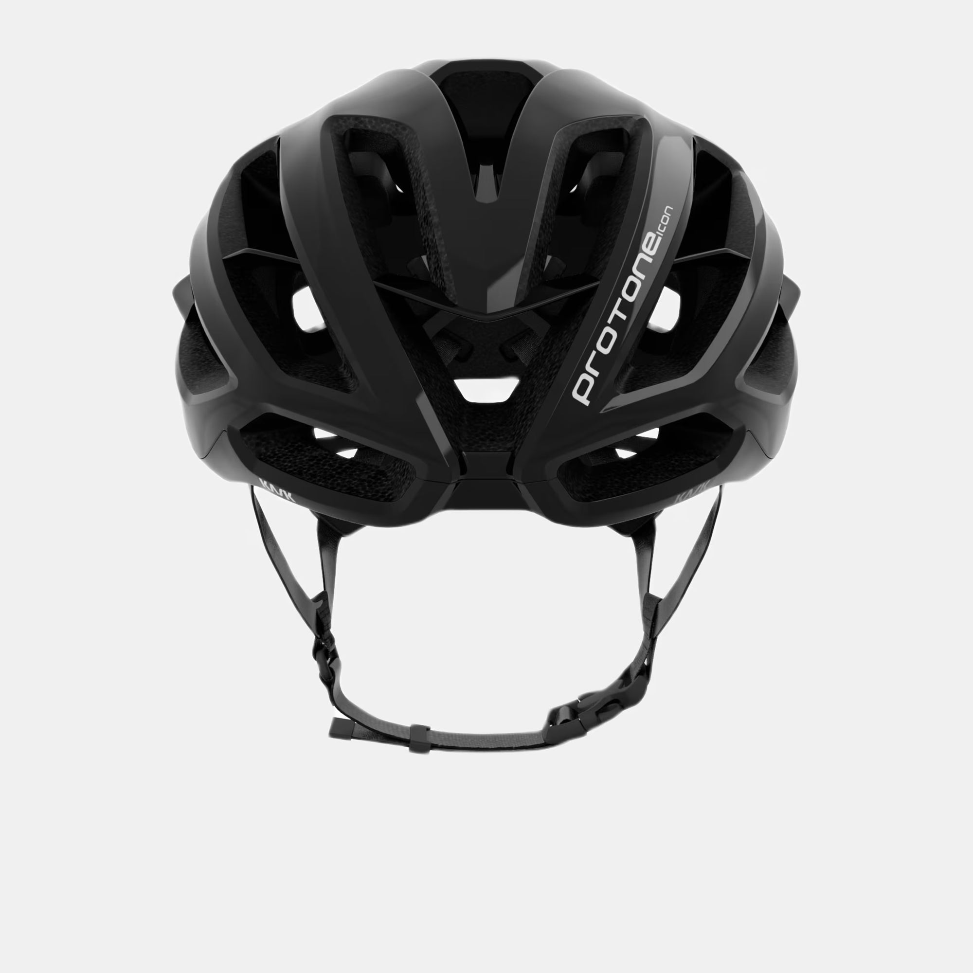 Front view of Kask Proton Icon Helmet - Black showing aerodynamic design and adjustable chin strap for secure fit
