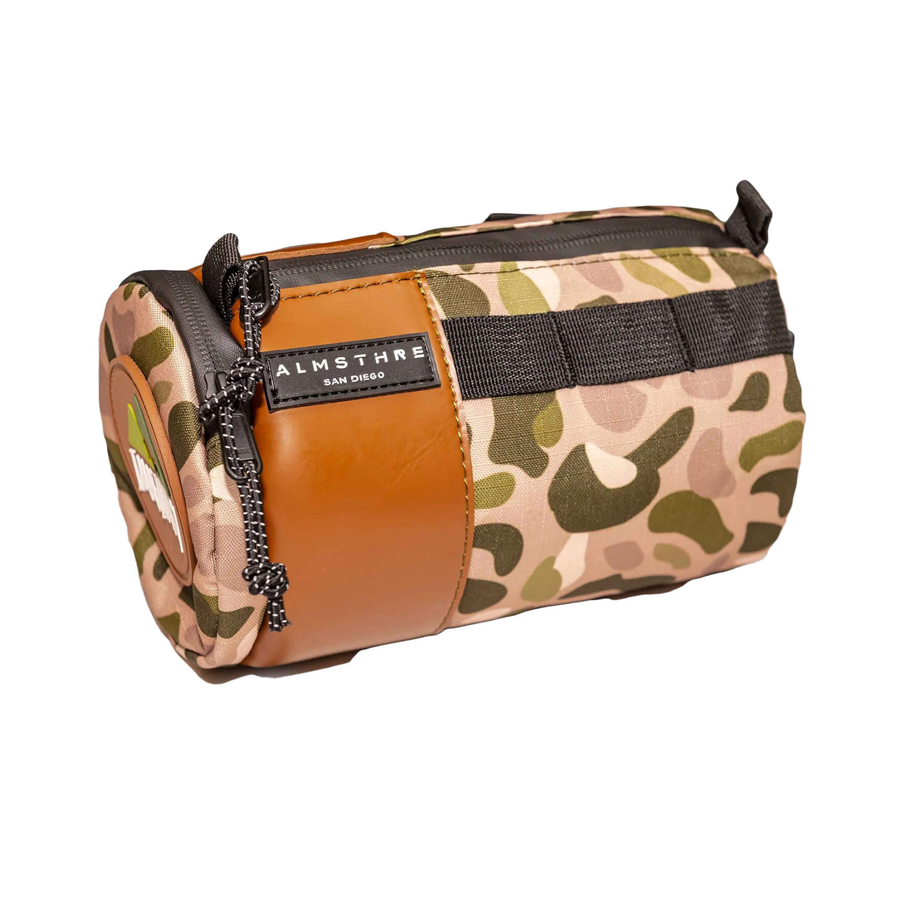 ALMSTHRE Signature Bar Bag in camouflage print with leather accents and sturdy zipper closure for adventure ready storage