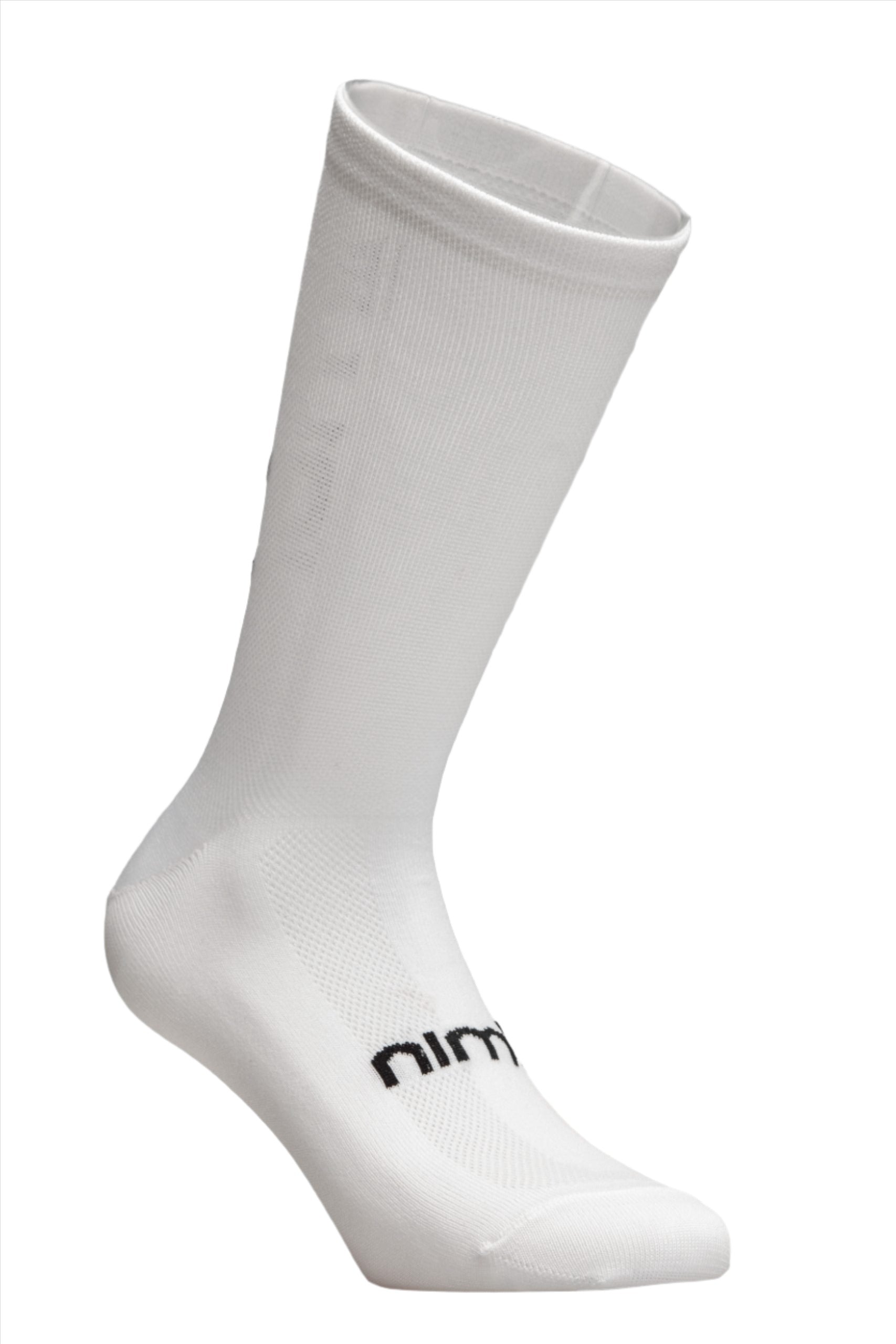 White Nimbl Cycling Socks shown in profile with black logo on foot and ribbed cuff for secure fit
