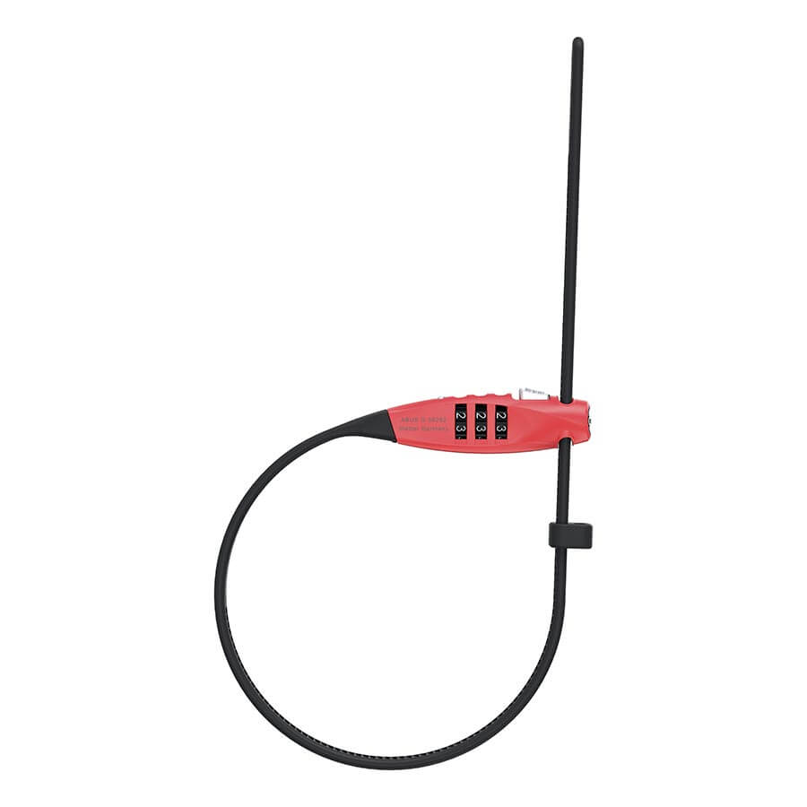 ABUS Combiflex Travel Guard Cable Lock in red with black flexible cable and combination dial lock against white background