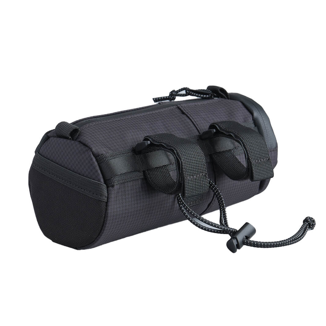 ALMSTHRE Compact Bar Bag in black with adjustable straps and secure bungee cord for easy bike mounting and storage