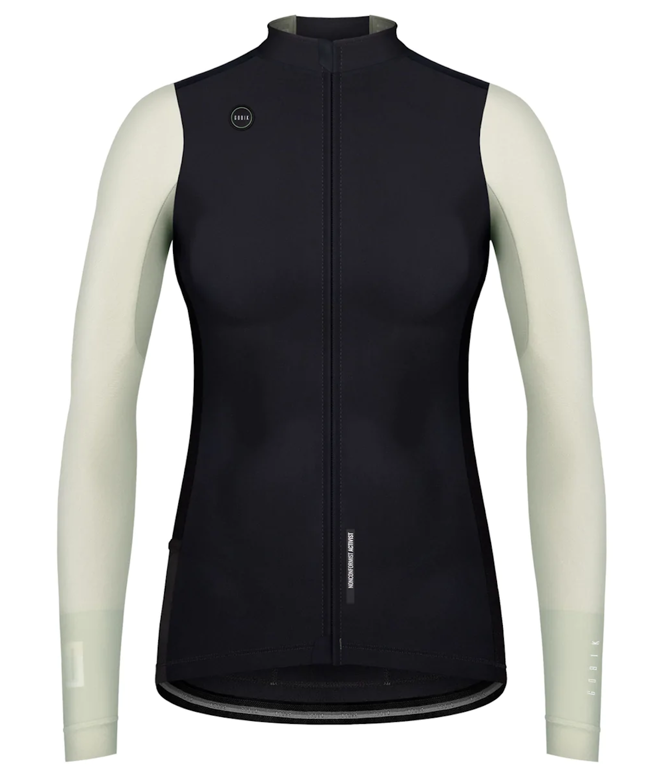 GOBIK Mist Jacket - Women's in black with light sleeves, featuring a full front zipper and slim aerodynamic fit.