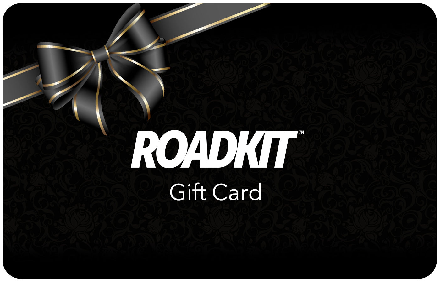 ROADKIT eGift Card with black and gold ribbon on elegant dark floral patterned background